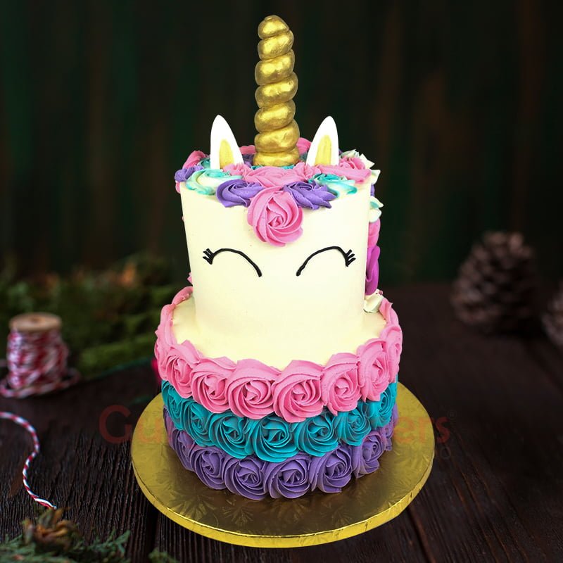 2 tiered unicorn rosette cake