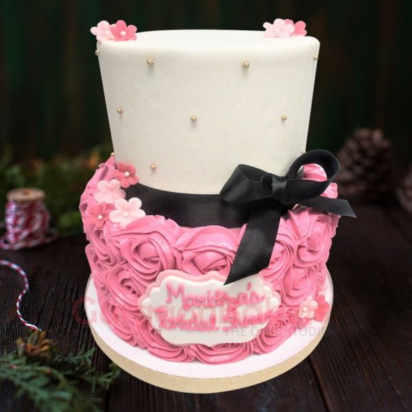 pink and black two tiers birthday cake