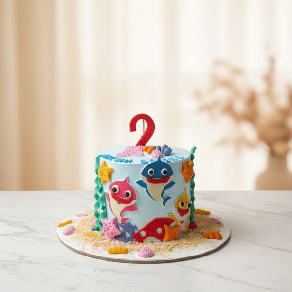 A vibrant Baby Shark cake decorated with colorful edible elements