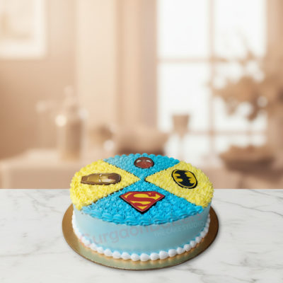 Colorful superhero themed cake with Batman, Superman, and Iron Man designs
