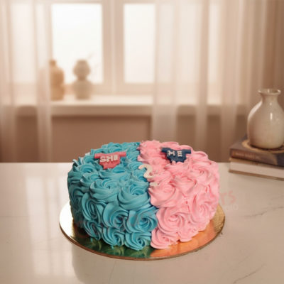 Beautiful gender reveal cake with pink and blue frosting
