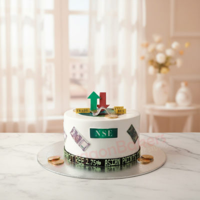 Custom birthday cake for stock trader featuring stock market symbols