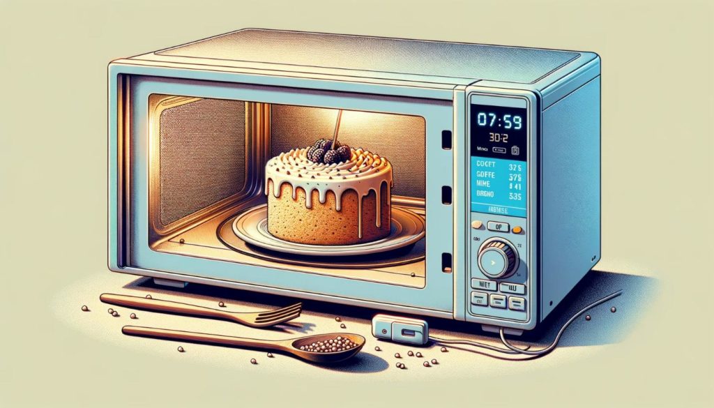 A depiction of a microwave oven with a cake inside, surrounded by baking ingredients, emphasizing the convenience of microwave baking