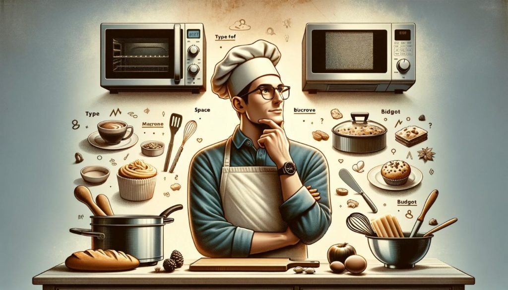 Illustration of a baker contemplating between an OTG and a microwave, with various baking tools and ingredients in the background