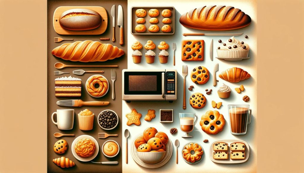 A display of different types of bread and pastries organized neatly to compare the baking results from an OTG and a microwave