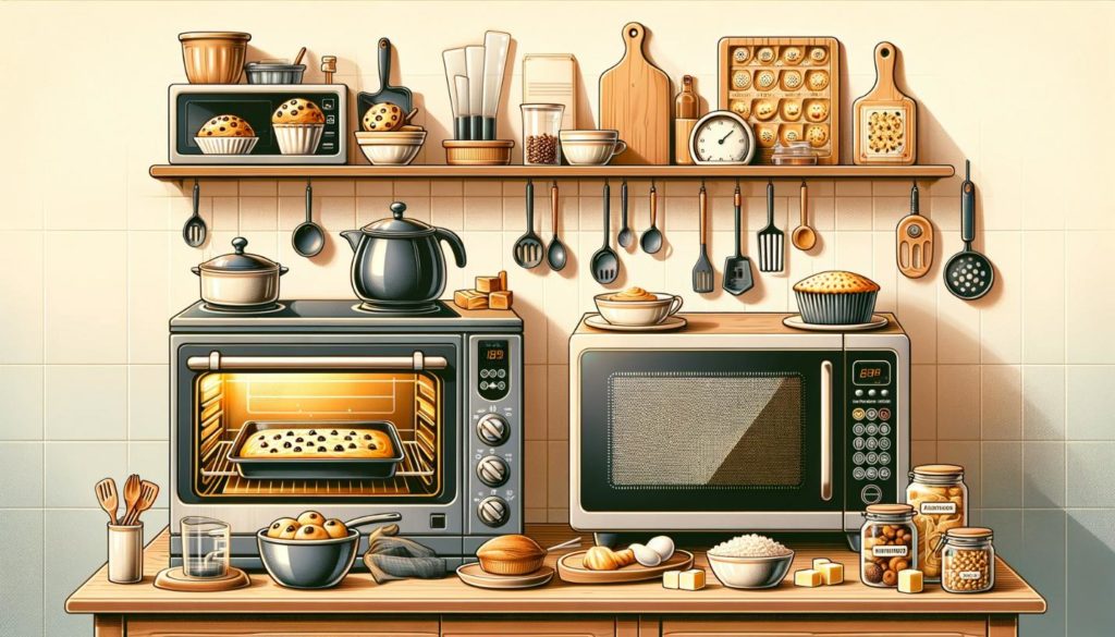 A collage illustrating a variety of baked goods with an OTG and microwave, offering tips for optimal baking results