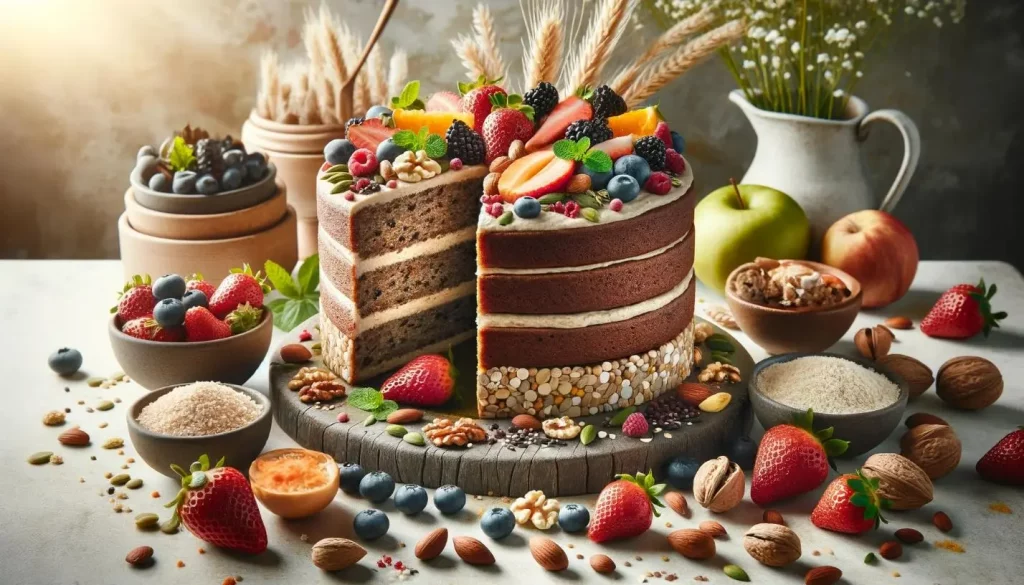A multi-tiered cake with layers of dark and light sponges, lavishly garnished with fresh berries, nuts, and seeds, set against a backdrop of wheat stalks and various bowls of fruits and baking ingredients.