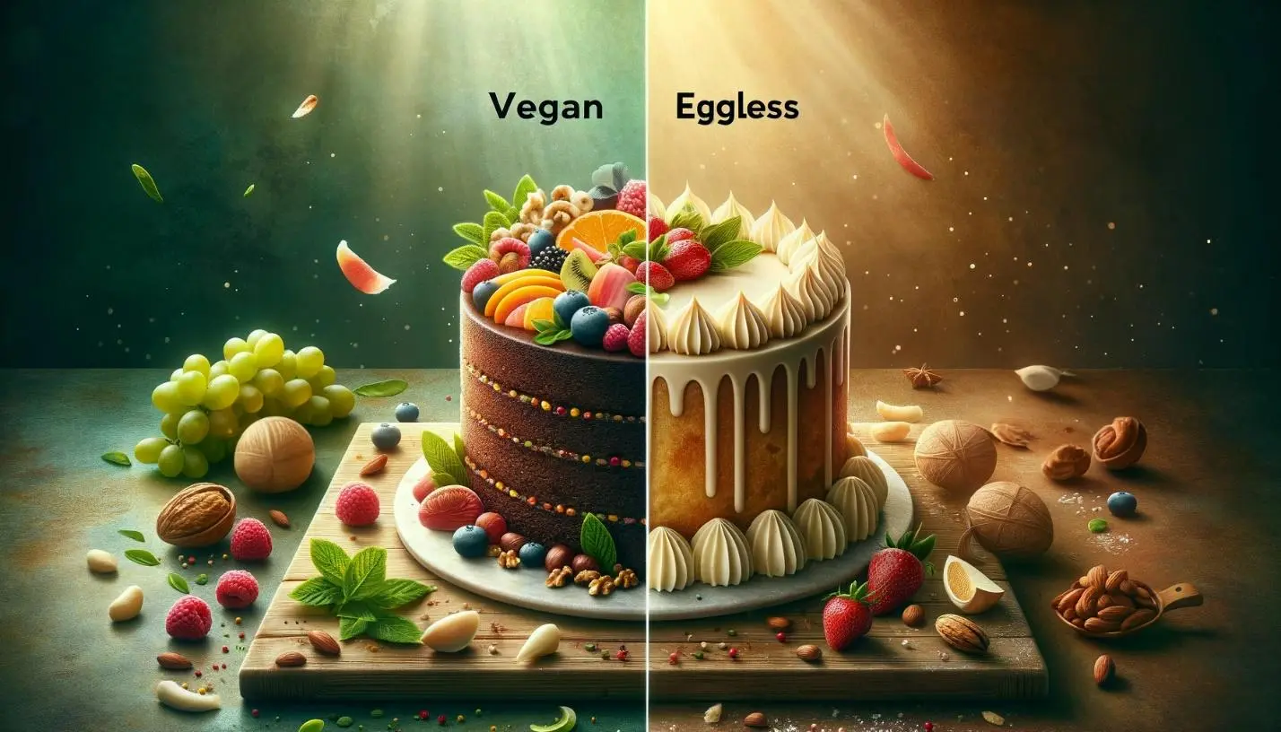 A side-by-side comparison of a vegan cake richly decorated with fruits and berries on the left, and an eggless cake adorned with nuts and whipped cream on the right, both under a beam of heavenly light emphasizing their deliciousness.
