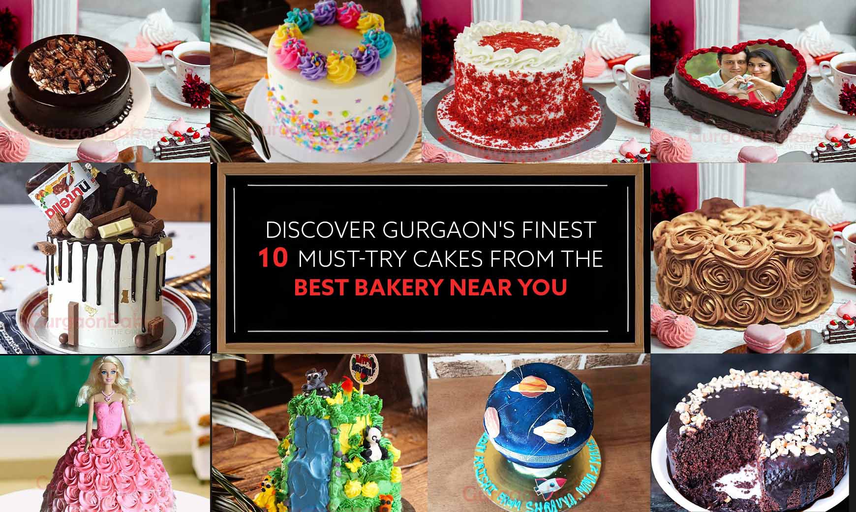 Collage of Gurgaon's top 10 must-try cakes, featuring chocolate, red velvet, and themed cakes, perfect for any celebration