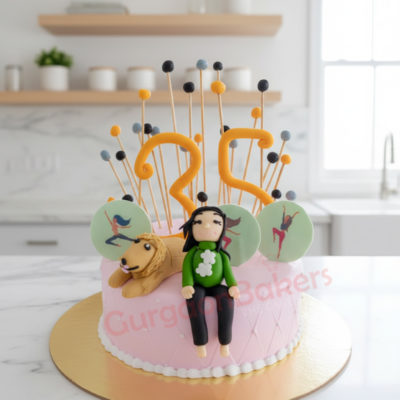 Custom 25th birthday fitness cake with yoga-themed decorations and a cute dog figurine