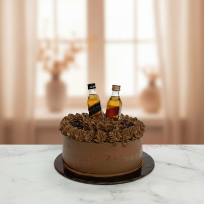 Indulge in our best liquor chocolate cake, topped with decorative liquor bottles