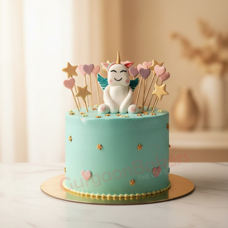 best-unicorn-cake-gurgaon Beautiful unicorn cake with pastel colors and decorative stars