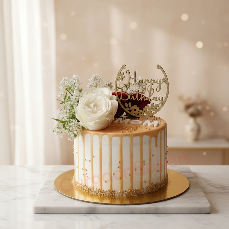 birthday-cake-for-mom Elegant birthday cake for mom with white roses and golden decorations