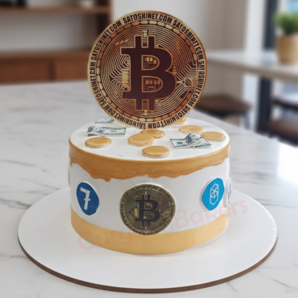 Bitcoin Bonanza Cake with edible gold coins and Bitcoin topper
