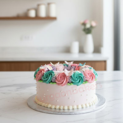 Flower cake decorated with pink, green, and purple buttercream roses