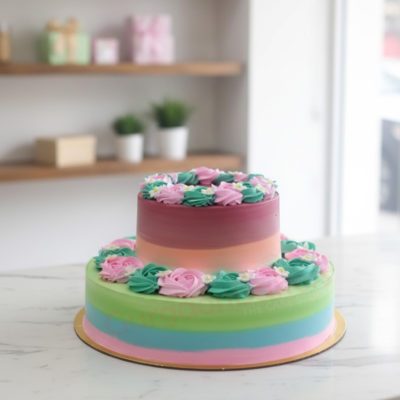 Two-tiered floral cake with pink and green buttercream decorations