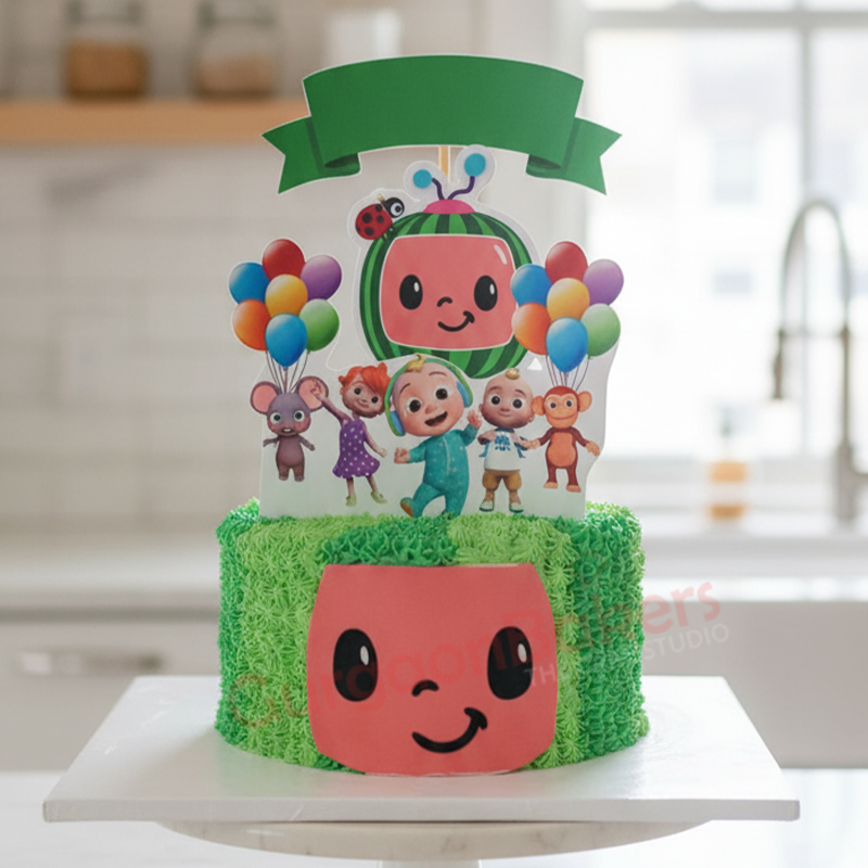 Cocomelon Delight Cake Colorful Cocomelon cake with characters and balloons