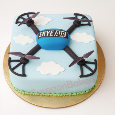 Custom corporate cake designed like a drone for Skye Air