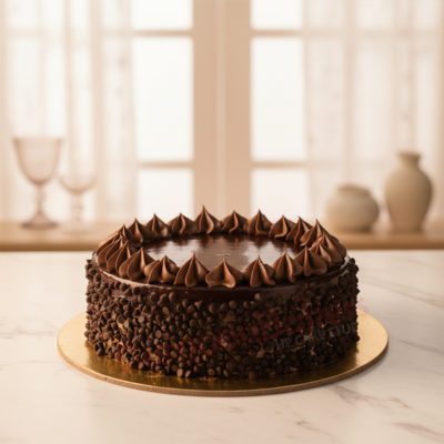 Beautifully decorated chocolate cake with chocolate chips