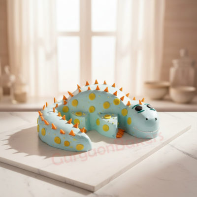 Colorful dinosaur-themed custom cake with spikes and dots