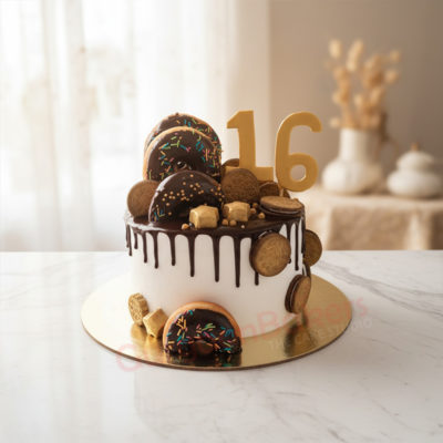 Delicious donut cake decorated with chocolate ganache, Oreos, and sprinkles