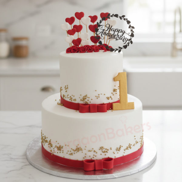 Two-tier anniversary cake with hearts and gold detailing