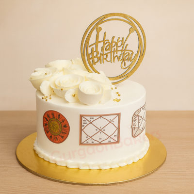 Elegant birthday cake with white roses and golden decoration