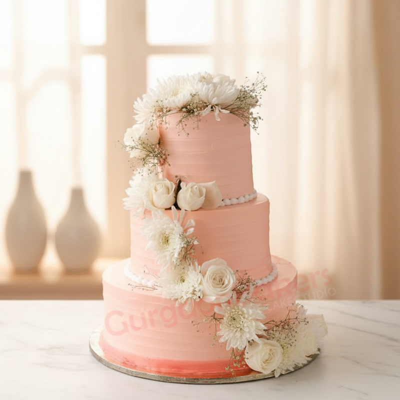 Elegant Floral Wedding Cake Elegant floral wedding cake with pink frosting and fresh flowers