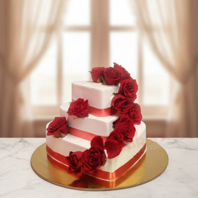 Three-tier wedding cake adorned with roses and ribbons