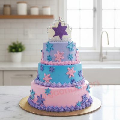 Three-tier princess cake with pastel colors and snowflake decorations