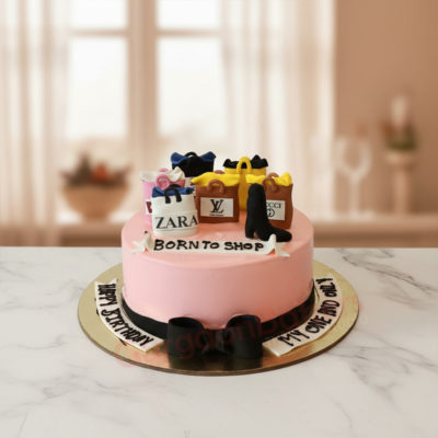 Fashion cake with shopping bags and high heels for girlfriend