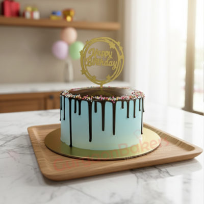 A beautifully decorated birthday chocolate cake with a drip effect and vibrant sprinkles