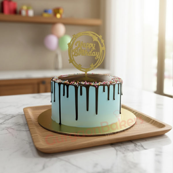 A beautifully decorated birthday chocolate cake with a drip effect and vibrant sprinkles