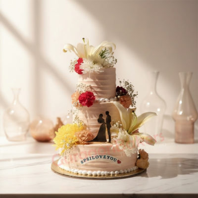 Beautiful three-tier wedding cake adorned with flowers and a couple figurine