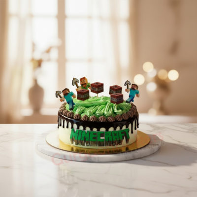 Minecraft themed cake with characters and decorations