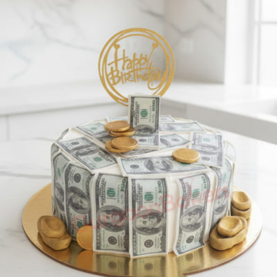 Beautifully crafted Money Cake topped with golden coins and a birthday topper