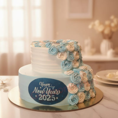 A beautifully decorated New Year cake featuring blue and white roses for 2025 celebrations