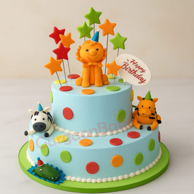 Colorful jungle-themed birthday cake with animal figurines