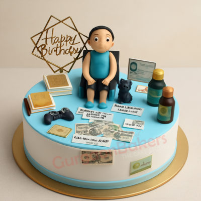 A beautifully crafted birthday cake featuring a figure sitting in a chair with personal items around