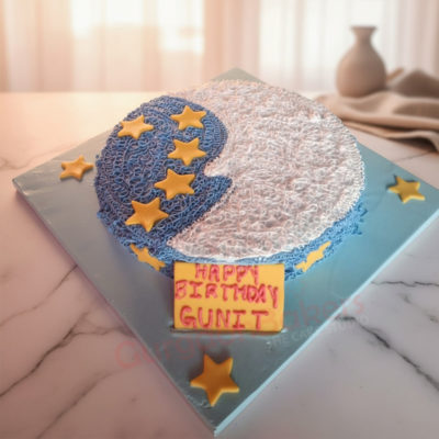 Star and Moon Cake decorated with blue and yellow frosting