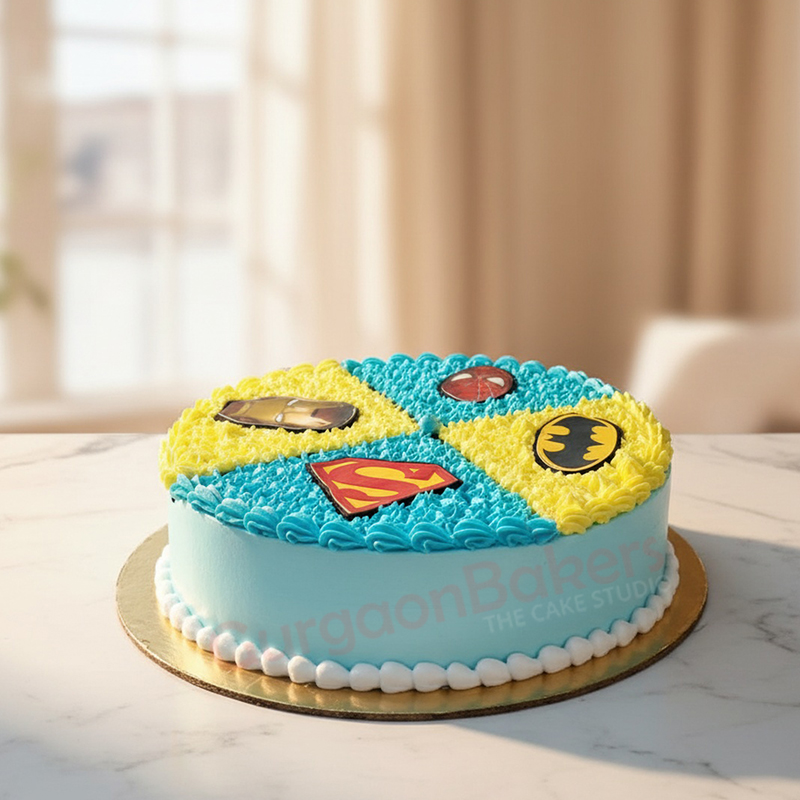 superhero_cake_gurgaon_bakers Colorful superhero cake featuring iconic logos on top