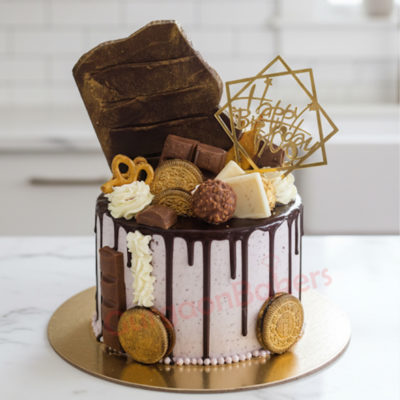 Ultimate Chocolate Indulgence Cake topped with various chocolates and decorations