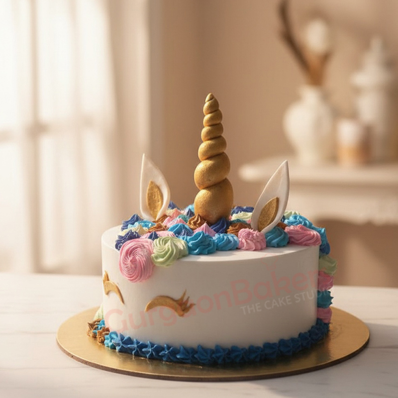 unicorn-cake-gurgaon-bakers An enchanting unicorn cake with golden horn and colorful frosting