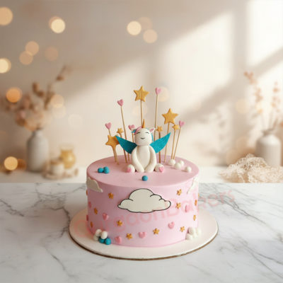 Whimsical pink unicorn cake decorated with stars and clouds