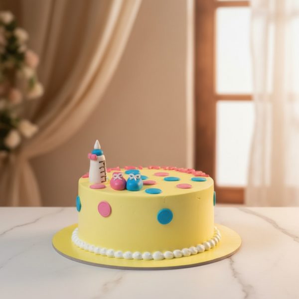 A cheerful yellow baby shower cake with playful decorations.