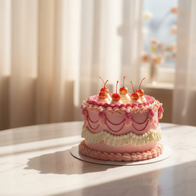 A beautiful birthday cake for girlfriend decorated with cherries and pink icing