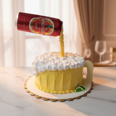 Stunning beer cake with a can of beer pouring over the top