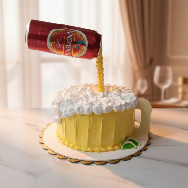 Stunning beer cake with a can of beer pouring over the top