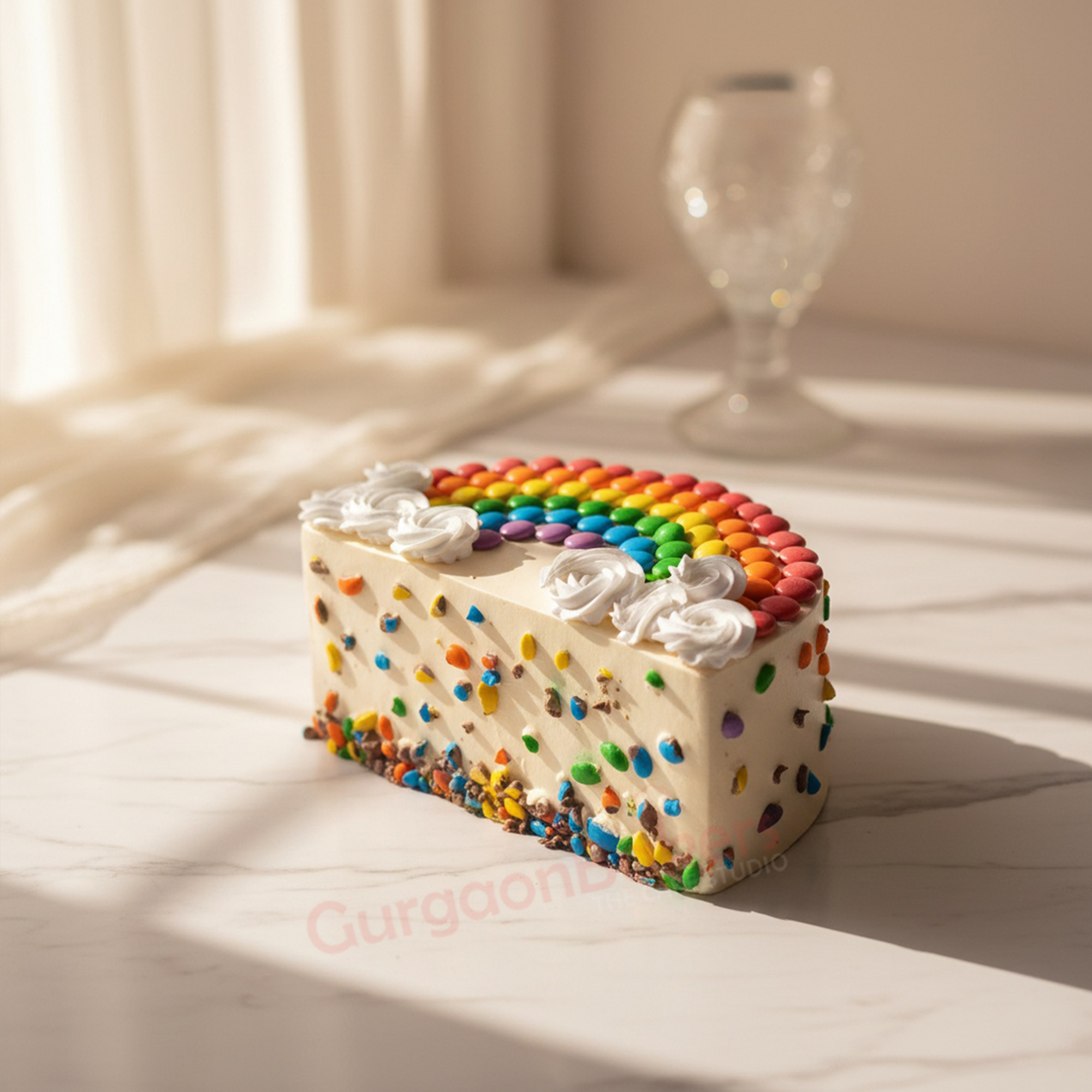 best-half-birthday-cake-gurgaon-rainbow-delight A colorful half birthday cake decorated with a rainbow and sprinkles.