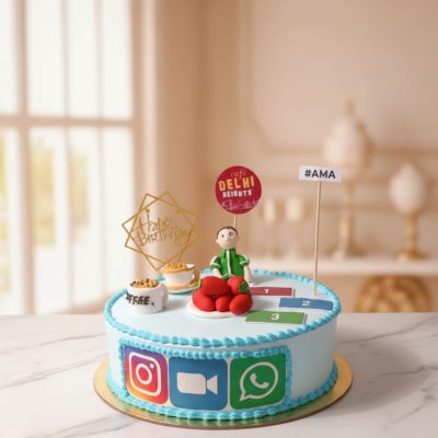 Colorful custom social media cake with figurine and decorations